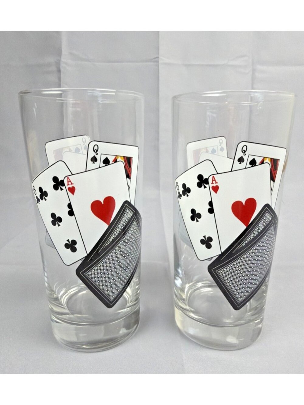2 15 oz Libbey Highball Cooler Glasses Barware Poker Playing Cards Vintage